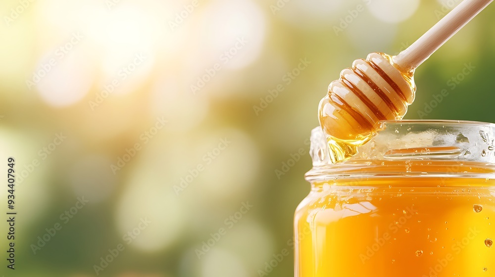 Golden Honey Dripping From Dipper In Jar With Green Background Golden Honey Dripping From Dipper In Jar With Green Background