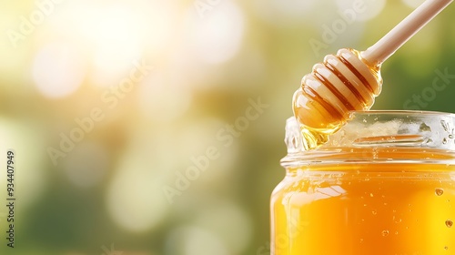 Golden Honey Dripping From Dipper In Jar With Green Background