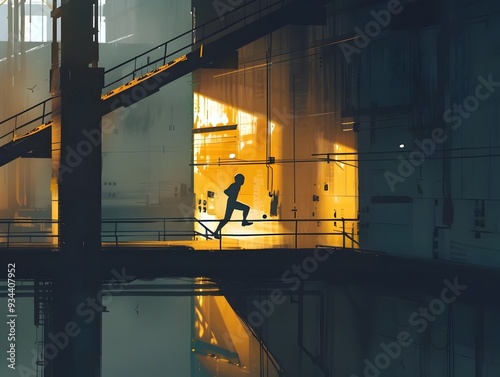 Blurred Silhouette of a Freerunner Dashing Through Shadowy Industrial Complex photo