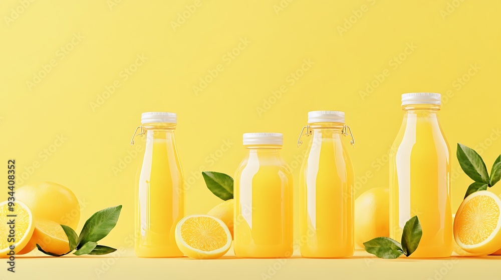 Fresh Orange Juice Bottles with Sliced Oranges and Leaves on Yellow Background Fresh Orange Juice Bottles with Sliced Oranges and Leaves on Yellow Background