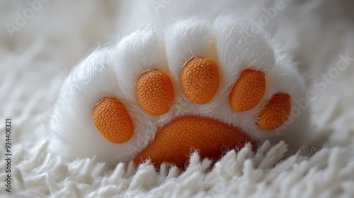 Closeup of a white cat's paw with orange pads resting on a fluffy white surface. photo