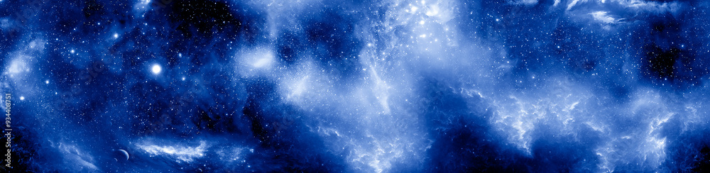 Space scene with planets, stars and galaxies with glowing nebulae. Panorama. Horizontal banner Space scene with planets, stars and galaxies with glowing nebulae. Panorama. Horizontal banner