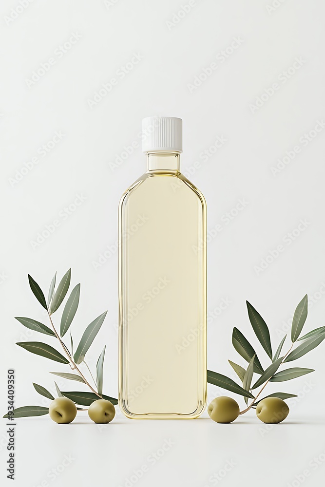 Olive Oil Bottle with Olive Branches and Olives on White Background Olive Oil Bottle with Olive Branches and Olives on White Background