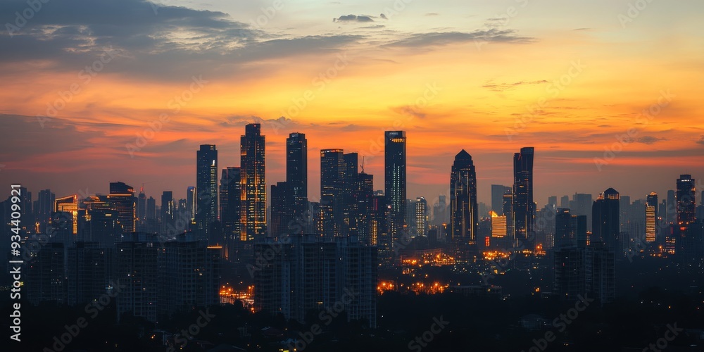 Obraz premium Stunning sunset over skyscrapers in a bustling city with vibrant orange and purple hues
