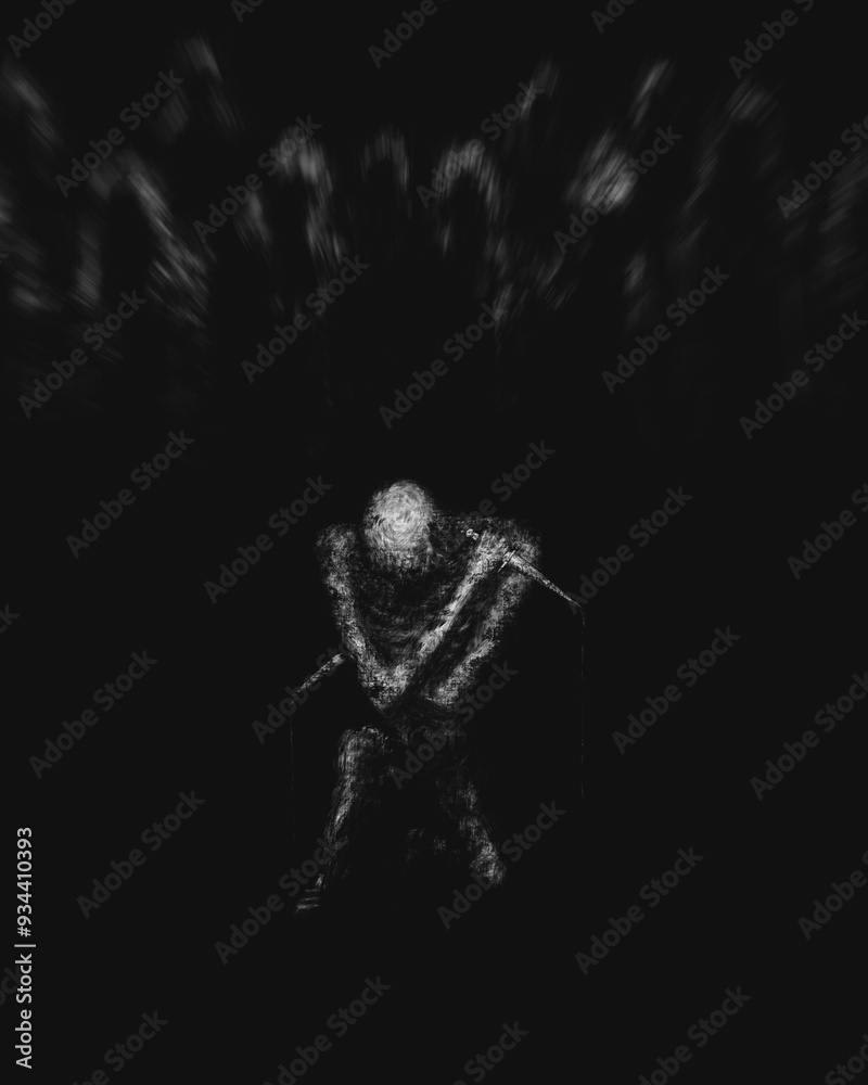 One warrior surrounded by enemies, Dark epic illustration, skeleton in the darkness One warrior surrounded by enemies, Dark epic illustration, skeleton in the darkness