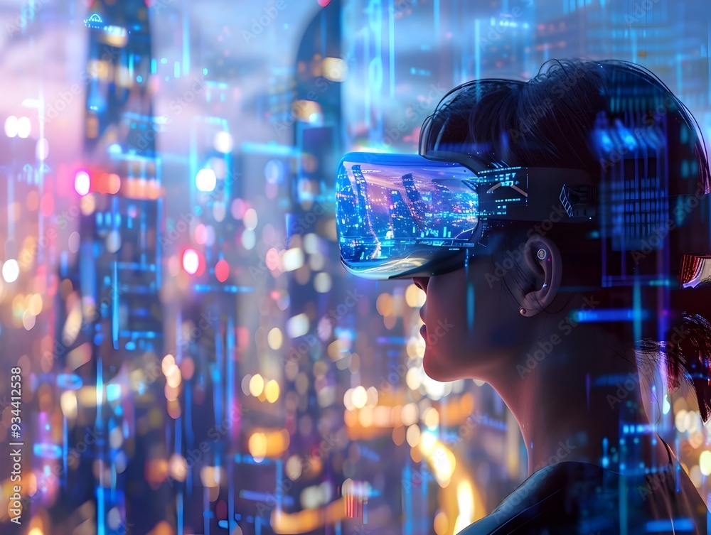 Obraz premium Futuristic Augmented Reality Overlays in Utopian Megacity Landscape