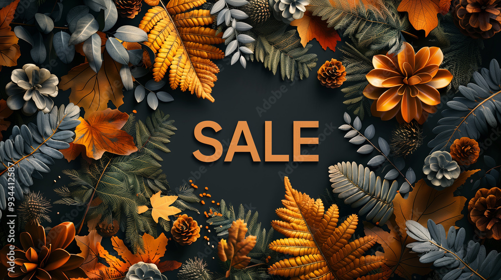 Sale announcement on a dark backdrop surrounded by autumn colorful leaves and pine cones