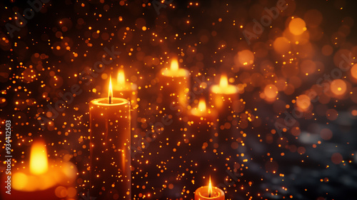 Festive dark backgrouhnd with golden lights and burning candles photo