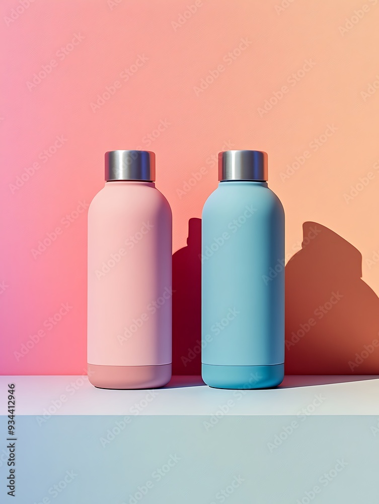 two flask bottles standing on pastel pantone colored background