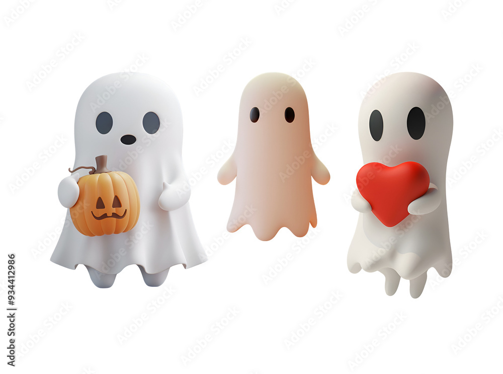 Obraz premium Set of Halloween Ghost Characters in 3D Cartoon Animation Style, Isolated on Transparent Background, PNG