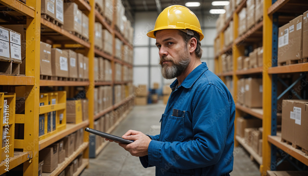 A middle-aged man with a beard wearing a yellow hard hat and blue work uniform , holding a tablet in a warehouse setting with shelves of products A middle-aged man with a beard wearing a yellow hard hat and blue work uniform , holding a tablet in a warehouse setting with shelves of products