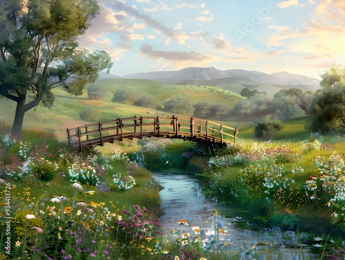 Idyllic Rustic Bridge Arching Over Flowing River Through Lush Flower Dotted Landscape photo