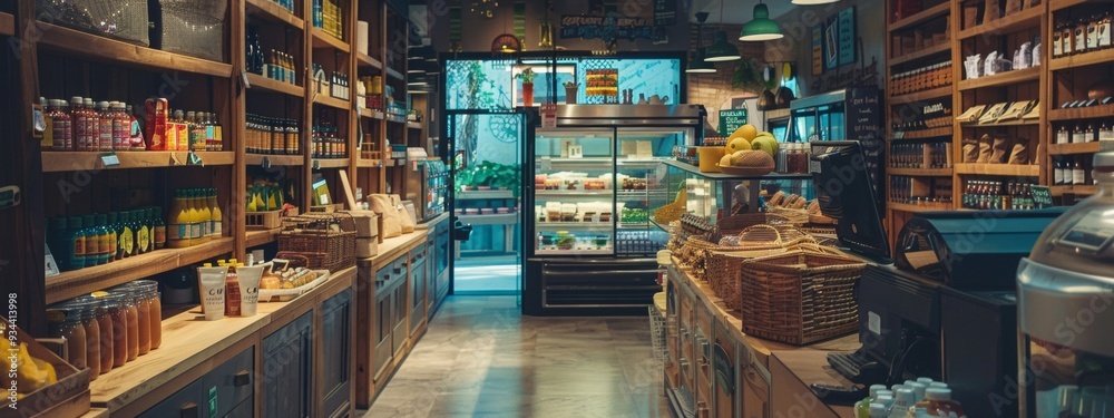 Naklejka premium Cozy interior of a rustic grocery store with wooden shelves