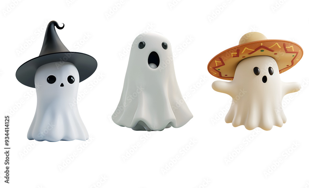 Collection of Fun Halloween Ghosts: 3D Cartoon Characters Wearing Different Hats, Isolated on Transparent Background, PNG Collection of Fun Halloween Ghosts: 3D Cartoon Characters Wearing Different Hats, Isolated on Transparent Background, PNG