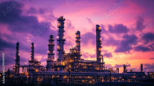 From the air, an aerial view of a factory station, a fuel storage tank, a petroleum refinery, a factory, an industrial process plant, and an oil refinery with stock is shown.