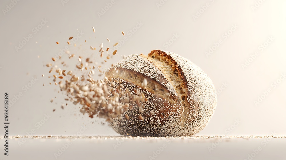 Freshly Baked Bread with Flying Seeds and Grains Freshly Baked Bread with Flying Seeds and Grains