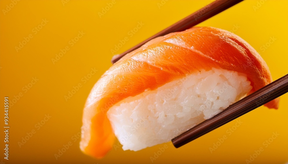 A closeup view of a pair of chopstick holding on to a sushi with an orange background; macro shot of a sushi being held between chopsticks; food photography; selective focus; Japanese food and cuisine A closeup view of a pair of chopstick holding on to a sushi with an orange background; macro shot of a sushi being held between chopsticks; food photography; selective focus; Japanese food and cuisine