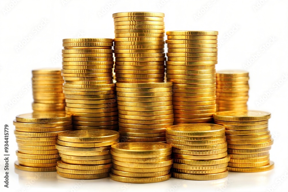 Golden Coins Stacked for Wealth and Financial Concept on White Background - Ideal for Investments, Savings, and Economic Themes Golden Coins Stacked for Wealth and Financial Concept on White Background - Ideal for Investments, Savings, and Economic Themes