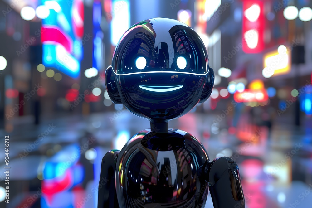 a 3D cartoon robot with a shiny metallic finish, expressive digital eyes, and a friendly smile, standing in a futuristic cityscape a 3D cartoon robot with a shiny metallic finish, expressive digital eyes, and a friendly smile, standing in a futuristic cityscape
