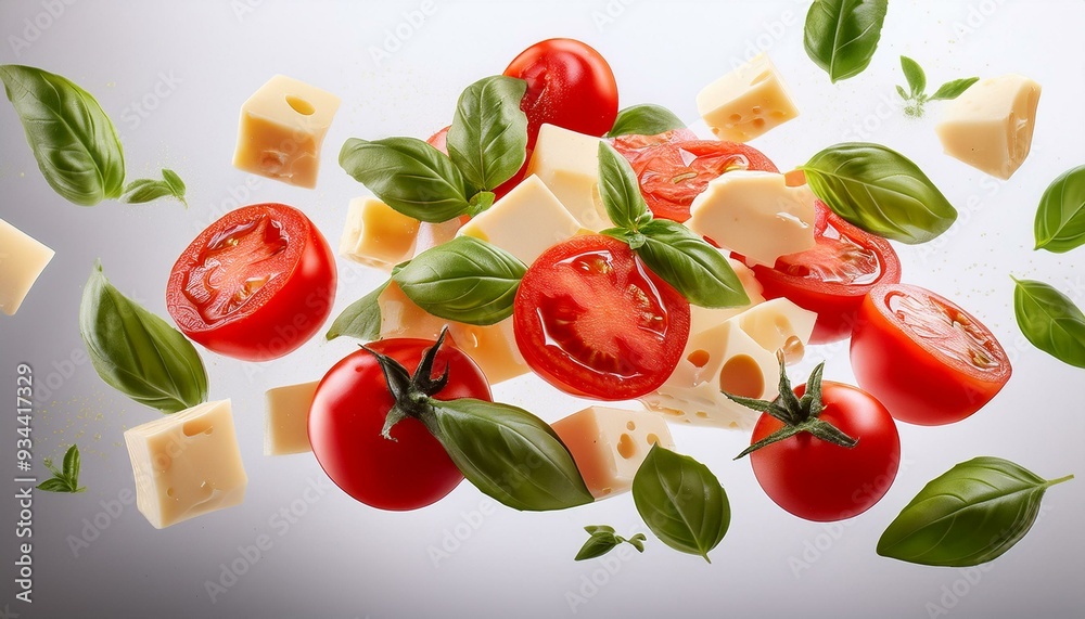 Tomatoes and cheeses and basil leaves flying in the air against a white background; food and vegetables; food photography; Italian food and ingredients Tomatoes and cheeses and basil leaves flying in the air against a white background; food and vegetables; food photography; Italian food and ingredients