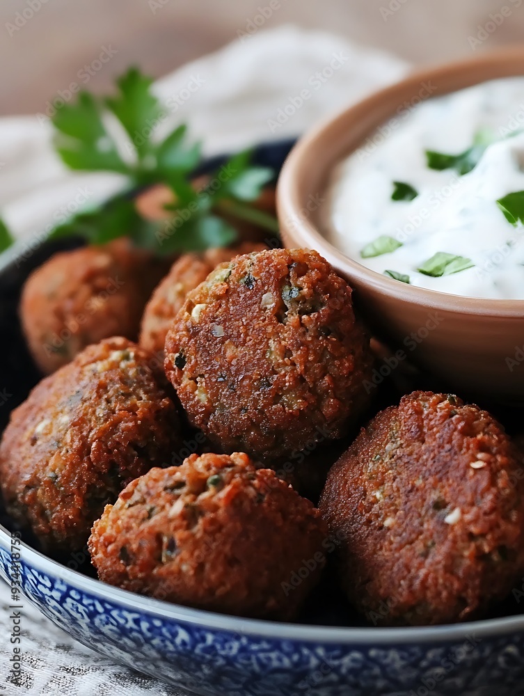 close-up of falafel and garlic yoghurt sauce
close-up of falafel and garlic yoghurt sauce