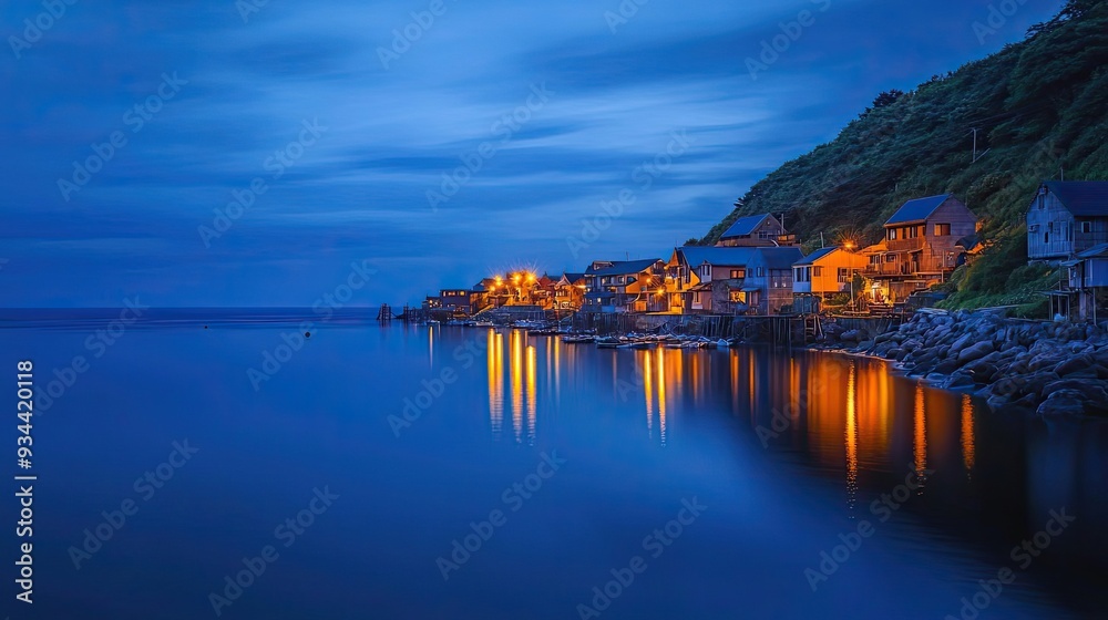 Naklejka premium Illuminated Coastal Village at Twilight with Calm Water Reflections