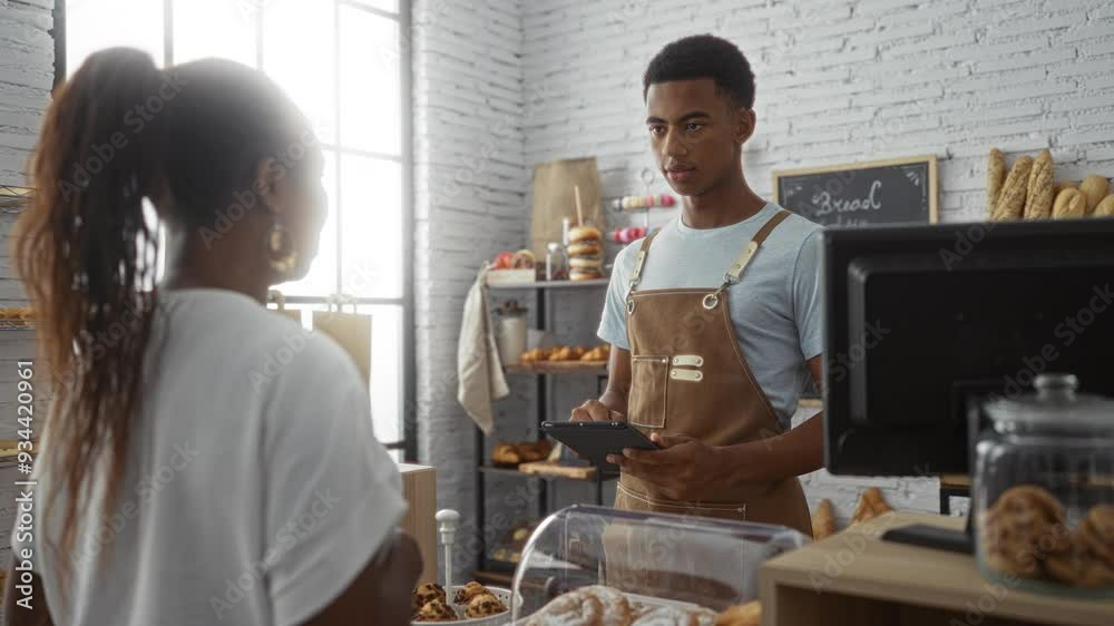 Young man baker using tablet to assist woman customer in a modern bakery shop, with shelves of bread and pastries visible in the background Young man baker using tablet to assist woman customer in a modern bakery shop, with shelves of bread and pastries visible in the background