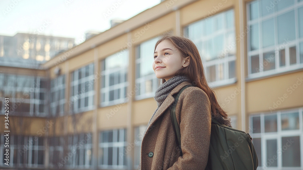 A teenage girl with a backpack standing in front of a school building A teenage girl with a backpack standing in front of a school building