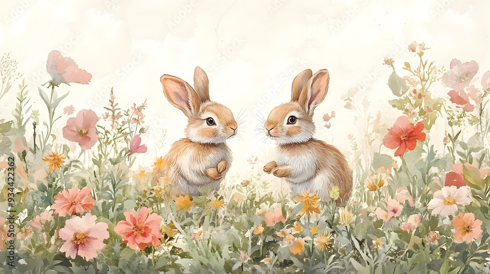 A pastel-toned watercolor scene of rabbits in a lush meadow, designed for a child's room, blending charm and vibrant colors in a soothing composition A pastel-toned watercolor scene of rabbits in a lush meadow, designed for a child's room, blending charm and vibrant colors in a soothing composition