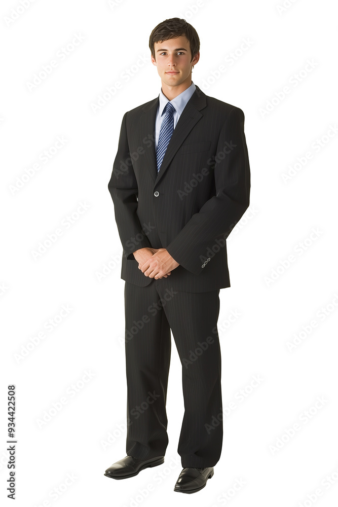 Confident young businessman in a dark suit and blue tie stands with hands clasped, portraying professionalism against a white background. Confident young businessman in a dark suit and blue tie stands with hands clasped, portraying professionalism against a white background.