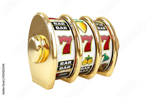 Golden slot machine reels showing triple sevens, fruit symbols, and bar icons, representing a jackpot win in a casino game of chance. photo