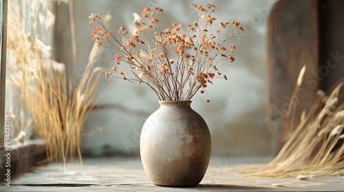 Earthy vase, raw and unrefined, organic lines, rustic studio, natural surroundings, authentic craftsmanship photo