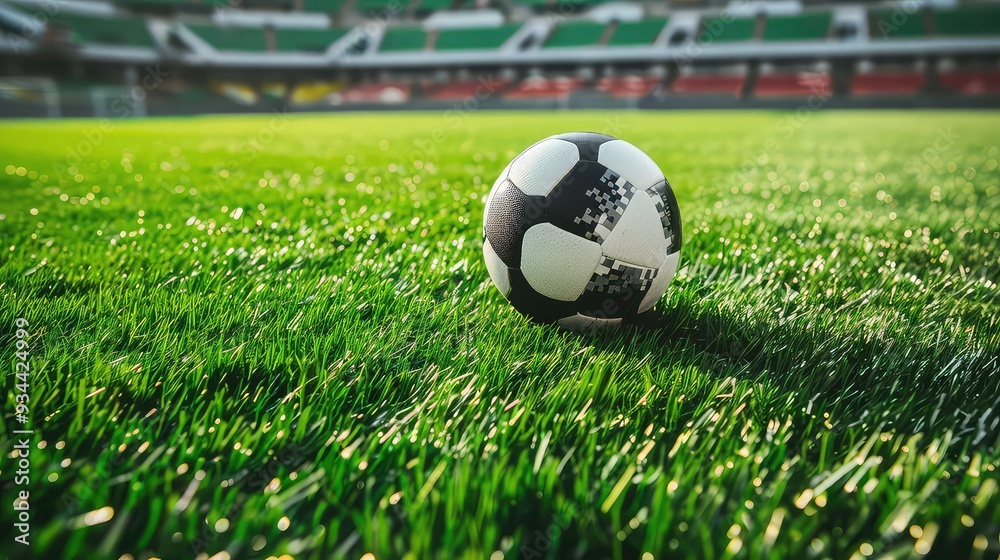 Naklejka premium A soccer ball sits on a green grass field with a blurred stadium in the background.