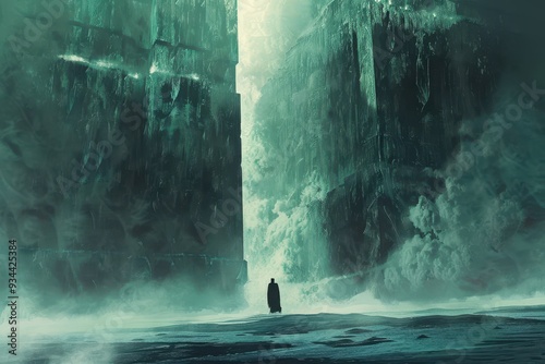 Mysterious Figure Standing Before an Enigmatic, Green Rock Formation