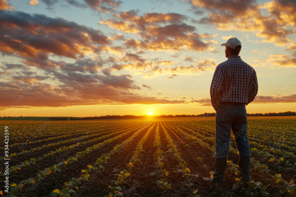 Fototapeta premium Senior farmer is standing in his cultivated agricultural field at sunset