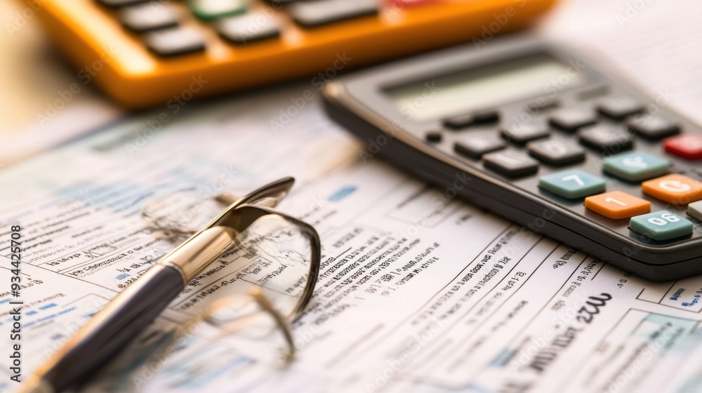 Financial documents, pen, and calculator on a desk Financial documents, pen, and calculator on a desk