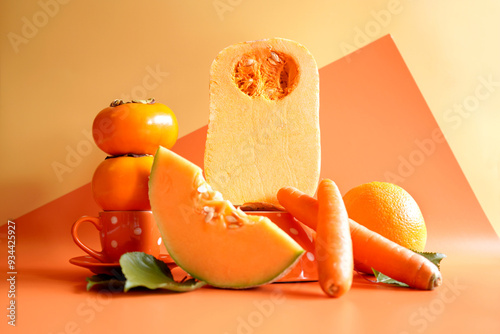 Orange fruit and vegetables with orange polka dot tableware, color blocking aesthetic. Orange foods contain beta carotene, an antioxidant that helps reduce inflammation in the body.