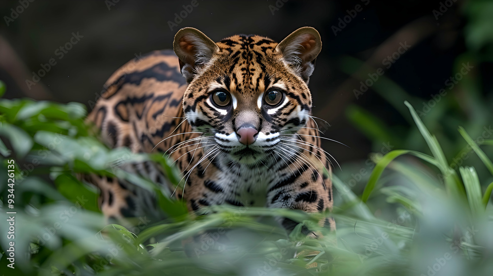 Fototapeta premium Amazon Ocelot prowling through the dense underbrush, its spotted coat blending into the surroundings