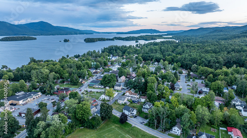 Fototapeta Naklejka Na Ścianę i Meble -  August 20 2024, Sunny afternoon summer aerial image of the area surrounding Bolton Landing, NY, USA and Lake George.