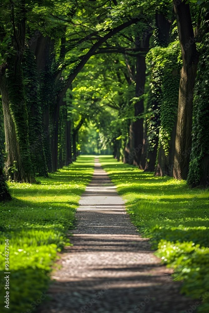A wide path leading through an elegant park, lined with towering trees and lush green grass. The scene is serene and picturesque, perfect for adding a touch of natural beauty to your mobile wallpaper.