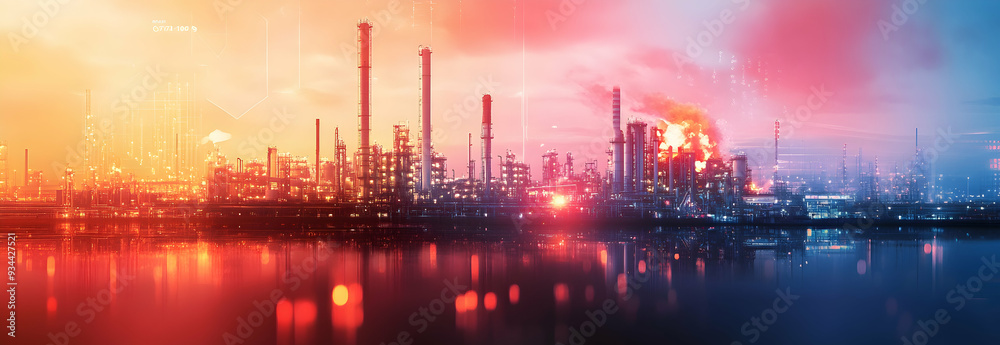 Oil and gas power plant refinery featuring storage tanks, representing oil production and petrochemical factory infrastructure. This wide banner includes concepts related to oil demand and price chart Oil and gas power plant refinery featuring storage tanks, representing oil production and petrochemical factory infrastructure. This wide banner includes concepts related to oil demand and price chart