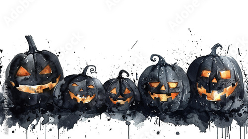 happy halloween, halloween night scary spooky set of black pumpkins burning eyes fire lon white background and bats, cards, banners, halloween party invitations, decor , october fall cold dark season  photo