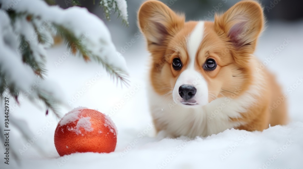 Festive holiday surprise cute puppy in santa hat under beautifully decorated christmas tree Festive holiday surprise cute puppy in santa hat under beautifully decorated christmas tree