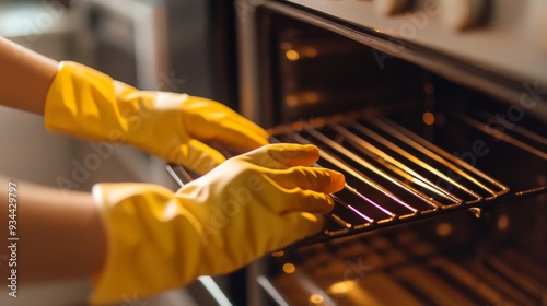 View from above of a woman cleaning an oven's grill grid while wearing rubber gloves. An elderly woman wipes down a kitchen appliance with a cloth.