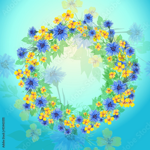 Vector floral arrangement of blue and yellow flowers made in watercolor technique in the form of a wreath, on a colorful background with transparent flowers. Can be used as an invitation, postcard.