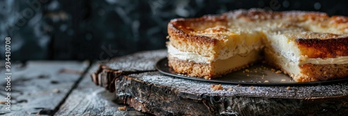 Close-up of a traditional gateau basque featuring vanilla cream and pate sablee displayed on a rustic wooden board. photo