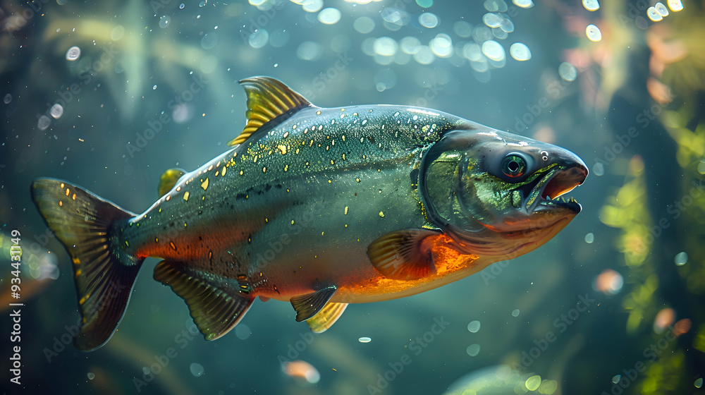 Amazon Piranha swimming in a clear river, showcasing its sharp teeth and sleek body, with sunlight filtering through the water Amazon Piranha swimming in a clear river, showcasing its sharp teeth and sleek body, with sunlight filtering through the water