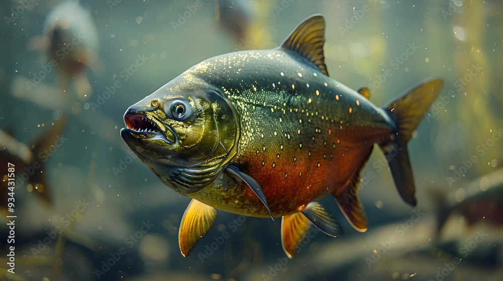 Amazon Piranha swimming in a clear river, showcasing its sharp teeth and sleek body, with sunlight filtering through the water Amazon Piranha swimming in a clear river, showcasing its sharp teeth and sleek body, with sunlight filtering through the water