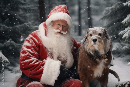 Santa claus and reindeer in snowy forest  new year s arrival and christmas festivities photo