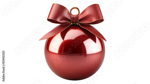 red Christmas ball with ribbon and a bow, isolated on transparent background.